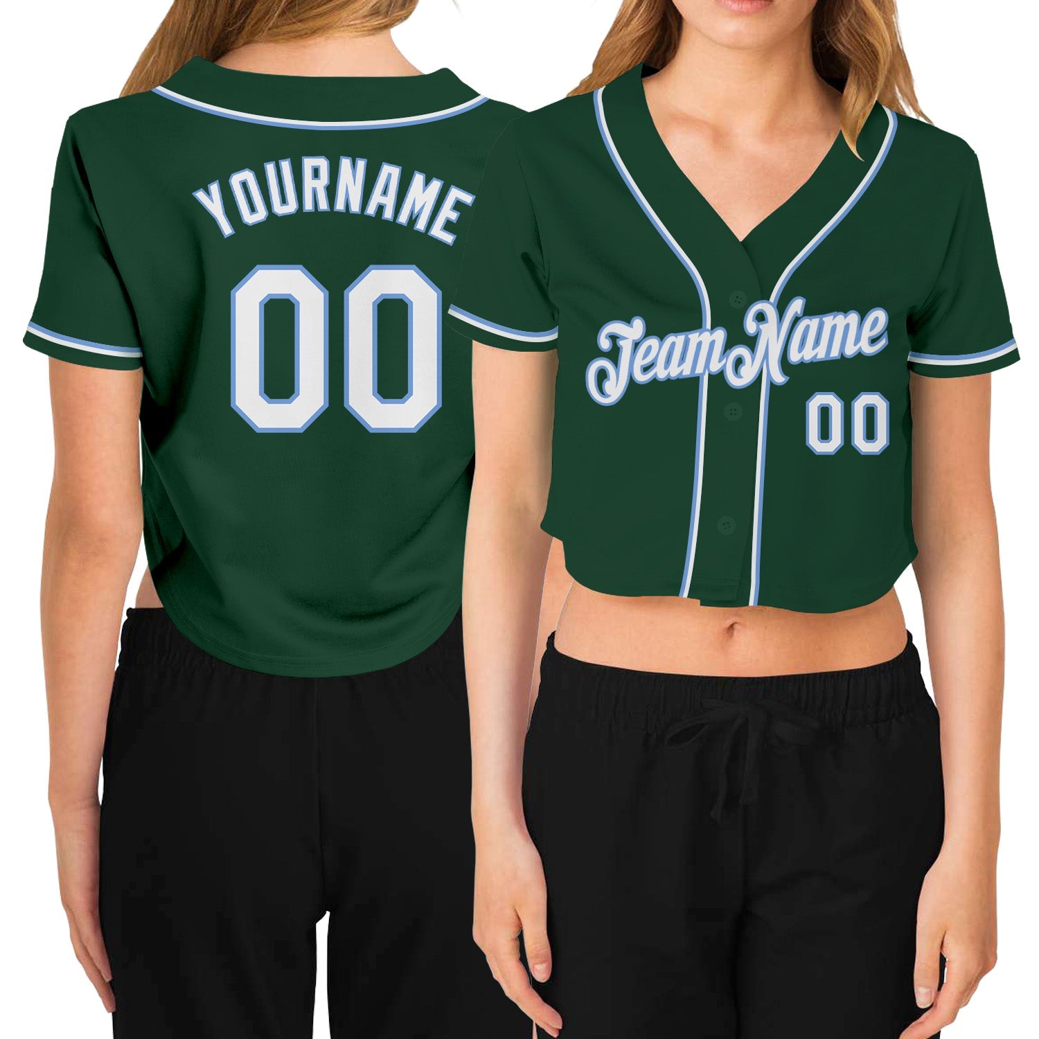Custom Women's Green White-Light Blue V-Neck Cropped Baseball Jersey - Main View