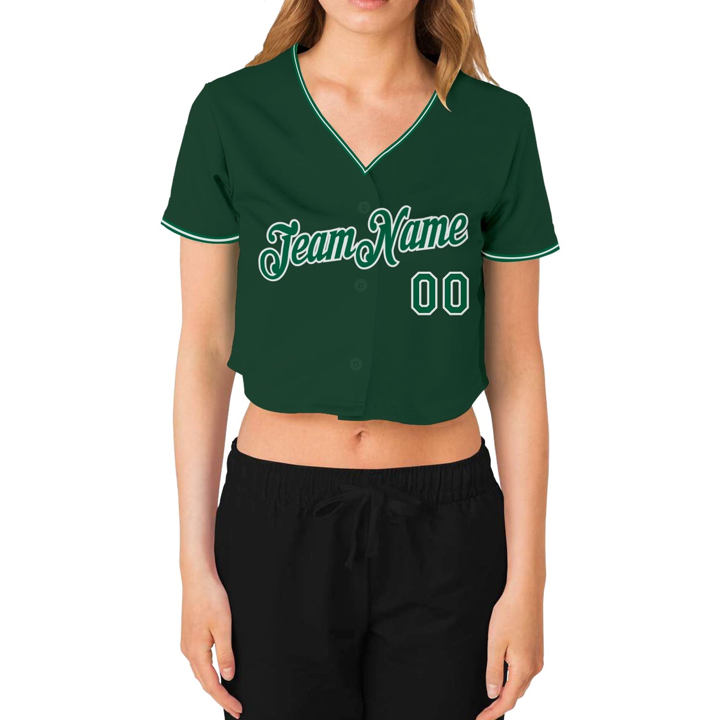 Custom Women's Green Kelly Green-White V-Neck Cropped Baseball Jersey view 2