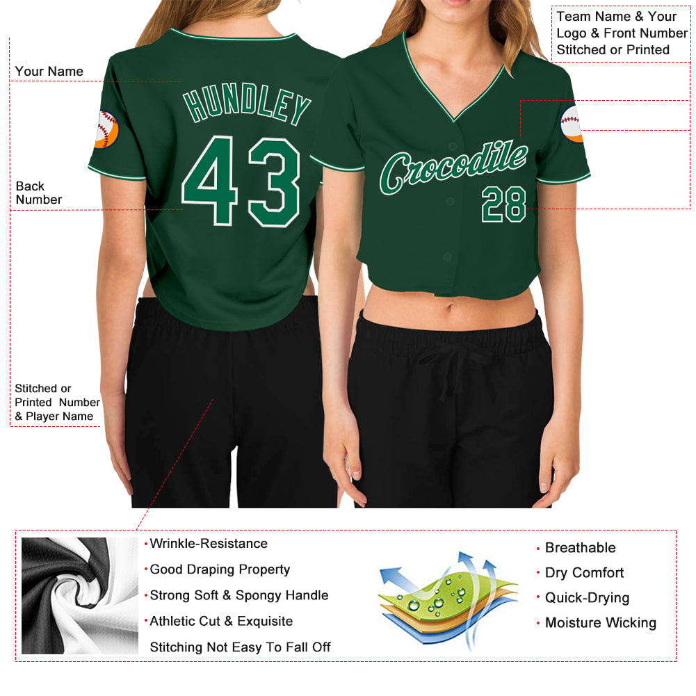 Custom Women's Green Kelly Green-White V-Neck Cropped Baseball Jersey view 3