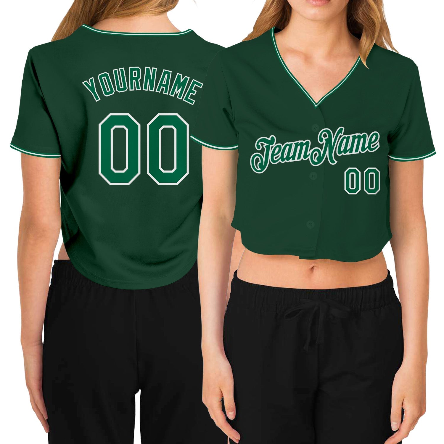 Custom Women's Green Kelly Green-White V-Neck Cropped Baseball Jersey - Main View
