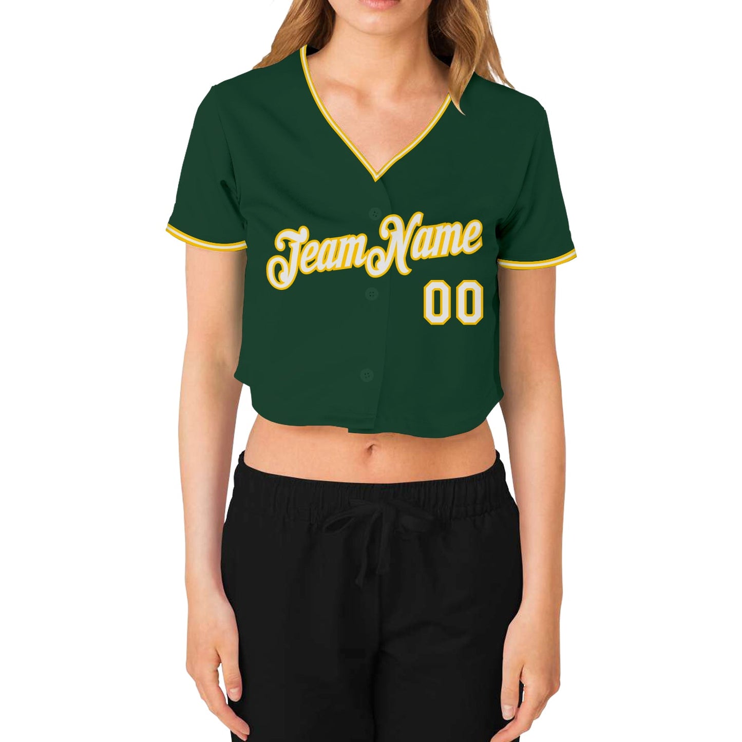 Custom Women's Green White-Gold V-Neck Cropped Baseball Jersey view 2