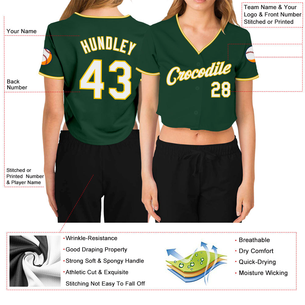 Custom Women's Green White-Gold V-Neck Cropped Baseball Jersey view 3