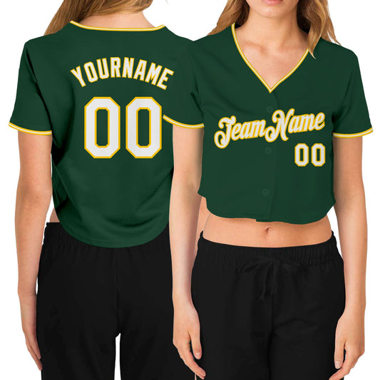 Custom Women's Green White-Gold V-Neck Cropped Baseball Jersey - Main View