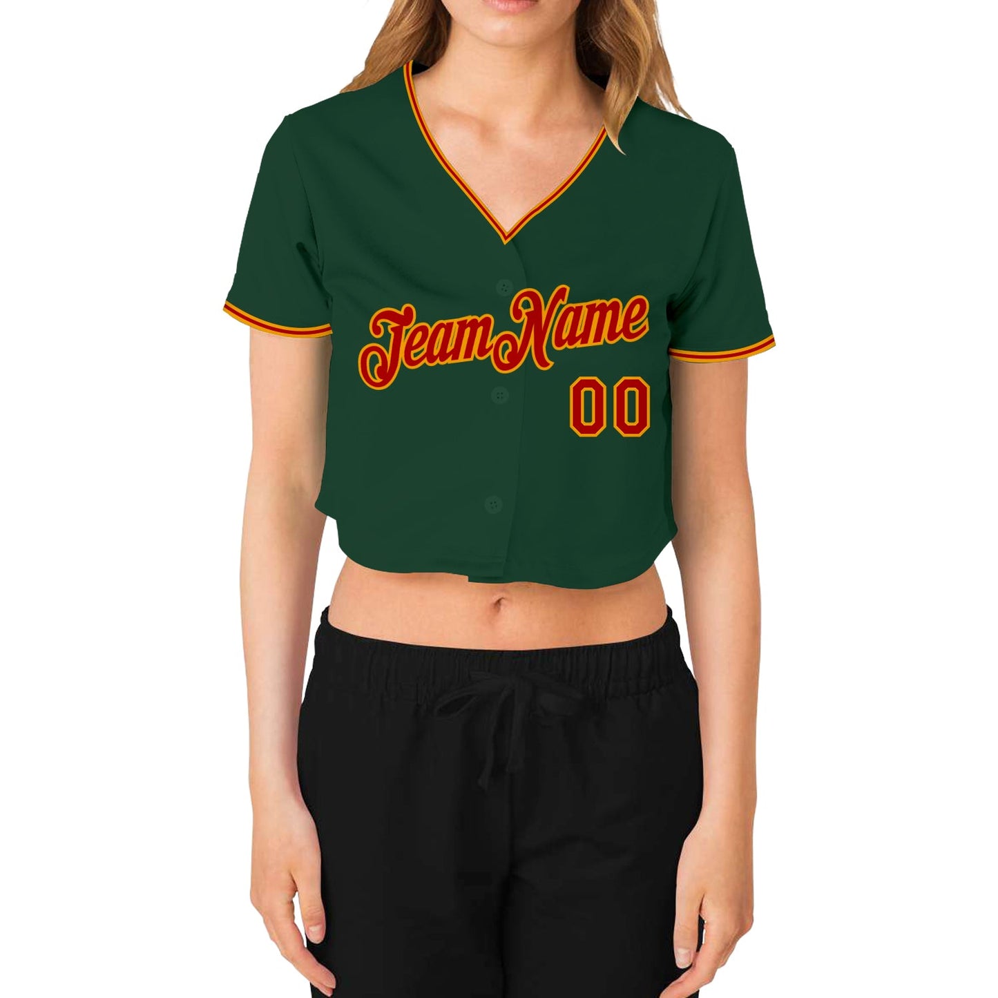 Custom Women's Green Red-Gold V-Neck Cropped Baseball Jersey view 2