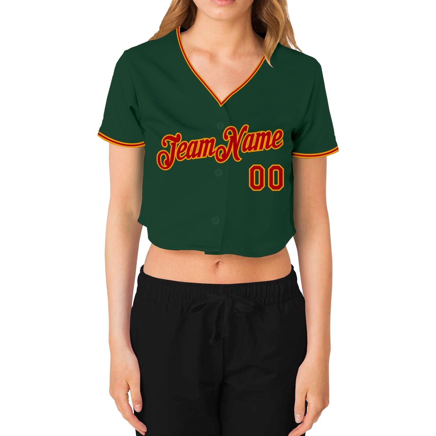 Custom Women's Green Red-Gold V-Neck Cropped Baseball Jersey view 2