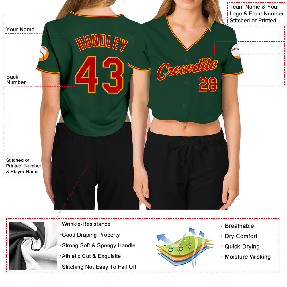 Custom Women's Green Red-Gold V-Neck Cropped Baseball Jersey view 3