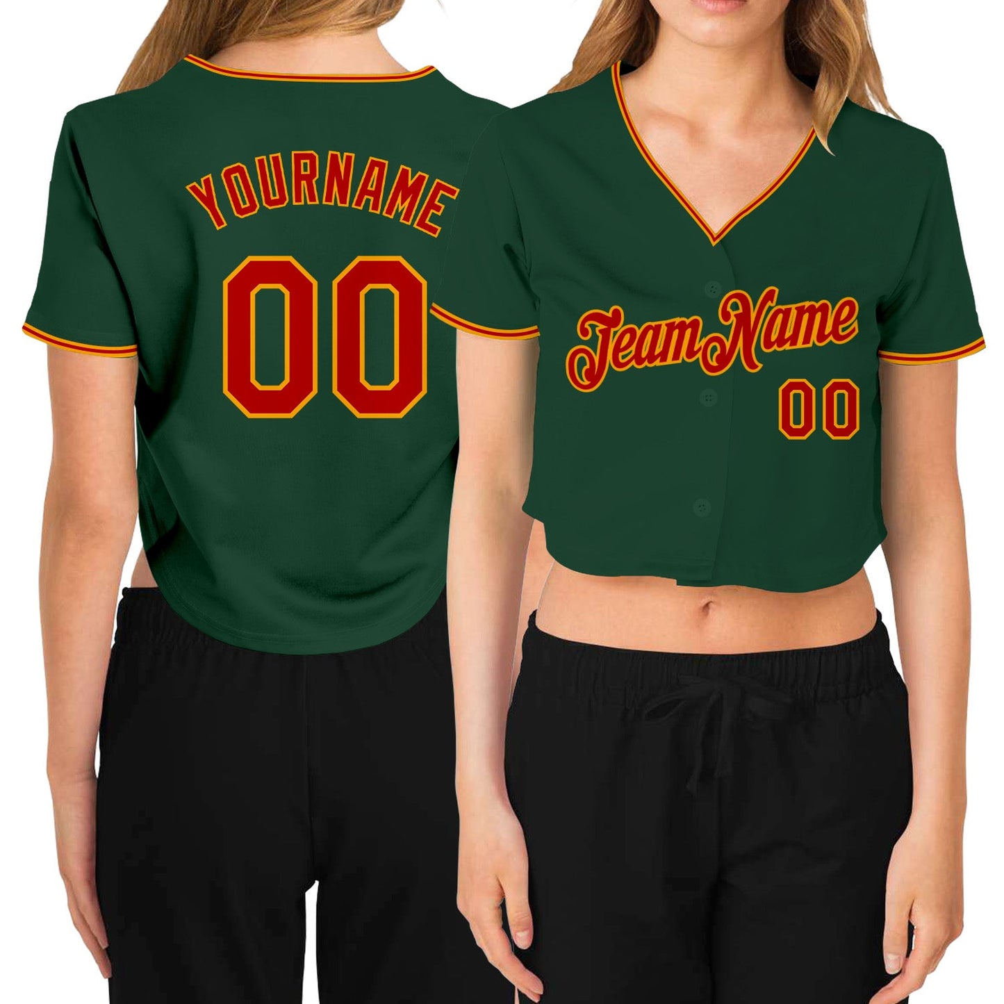 Custom Women's Green Red-Gold V-Neck Cropped Baseball Jersey - Main View