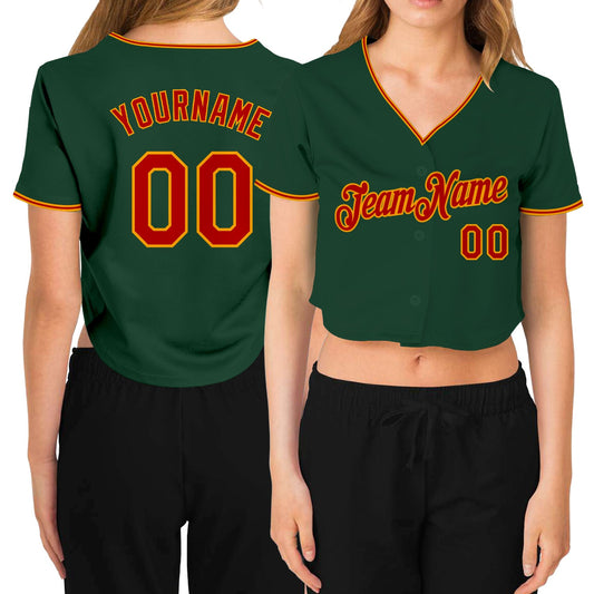 Custom Women's Green Red-Gold V-Neck Cropped Baseball Jersey - Main View