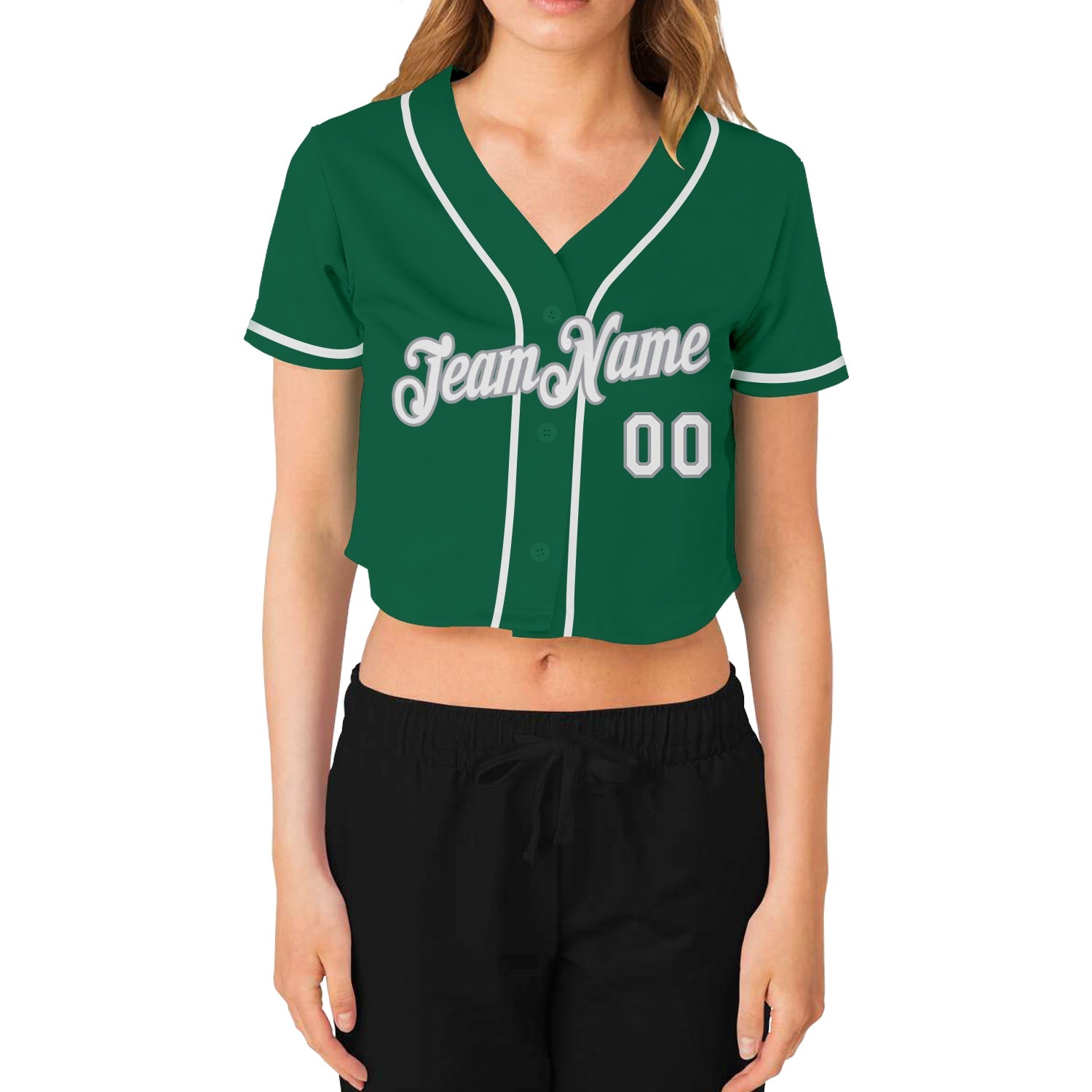Custom Women's Kelly Green White-Gray V-Neck Cropped Baseball Jersey view 2