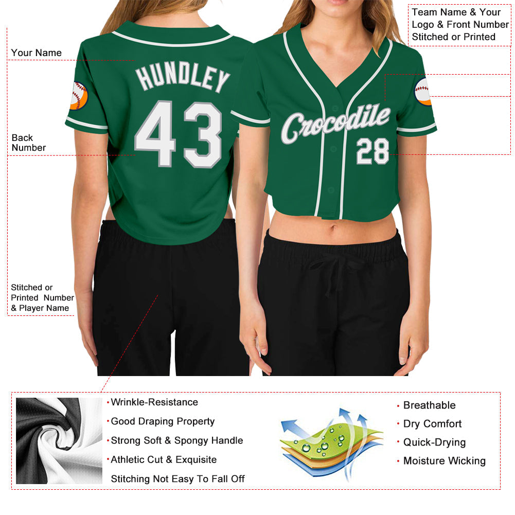 Custom Women's Kelly Green White-Gray V-Neck Cropped Baseball Jersey view 3