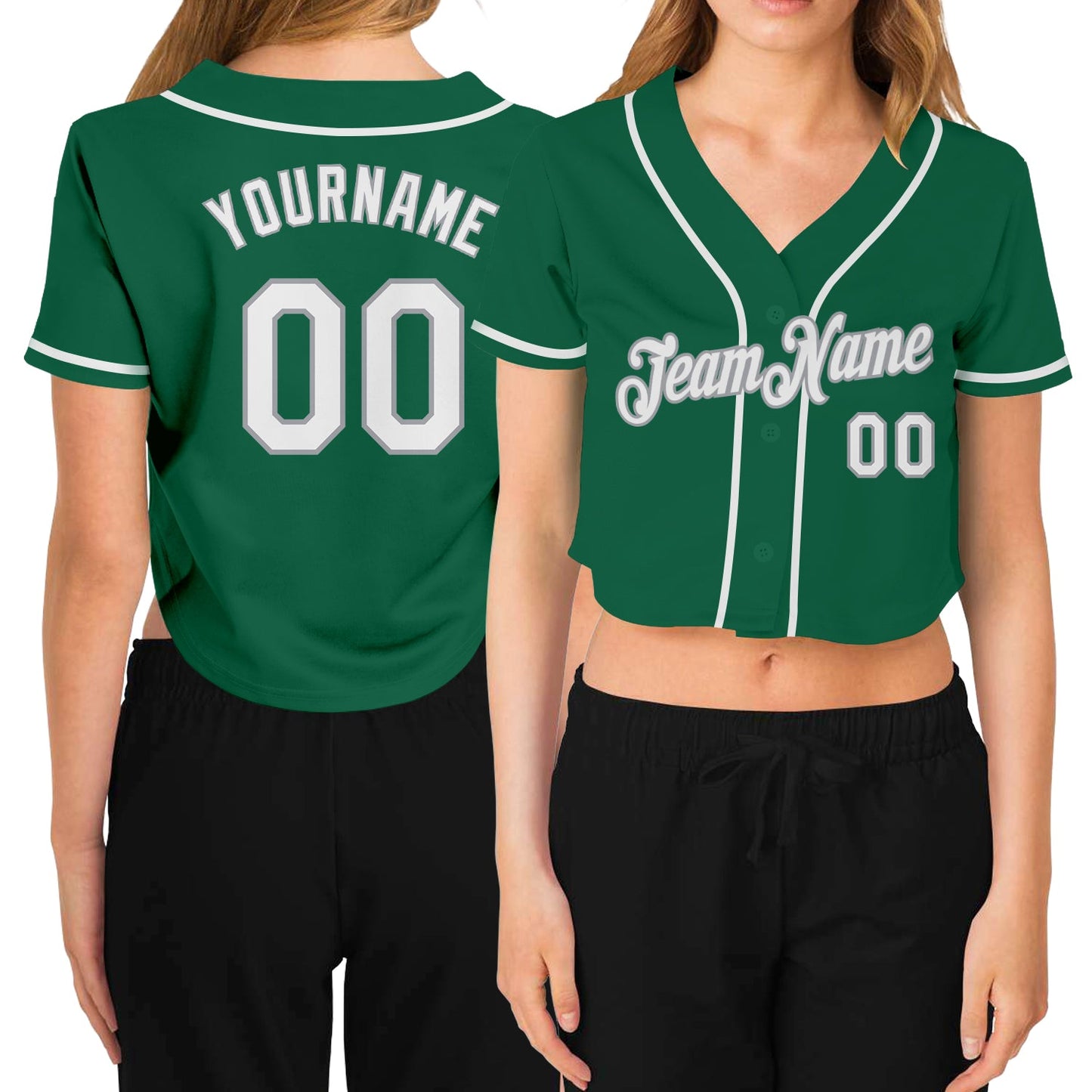 Custom Women's Kelly Green White-Gray V-Neck Cropped Baseball Jersey - Main View