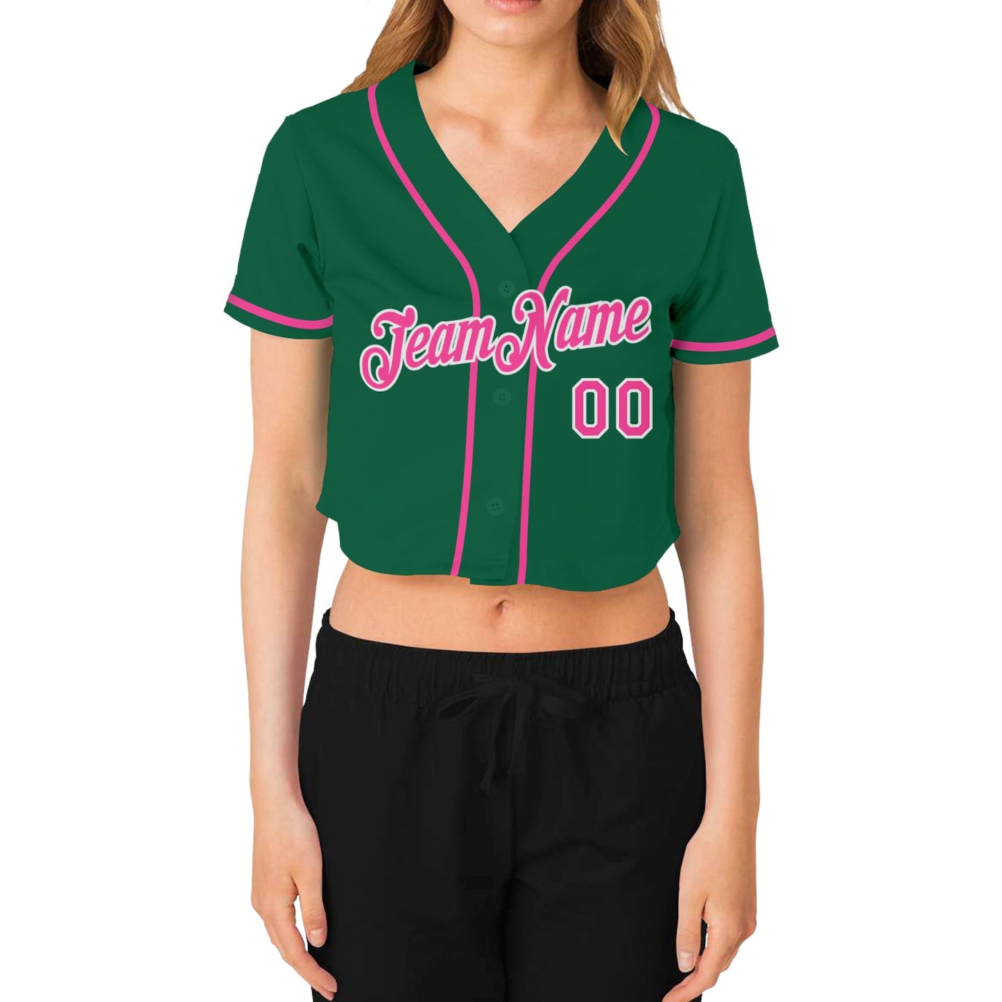 Custom Women's Kelly Green Pink-White V-Neck Cropped Baseball Jersey view 2