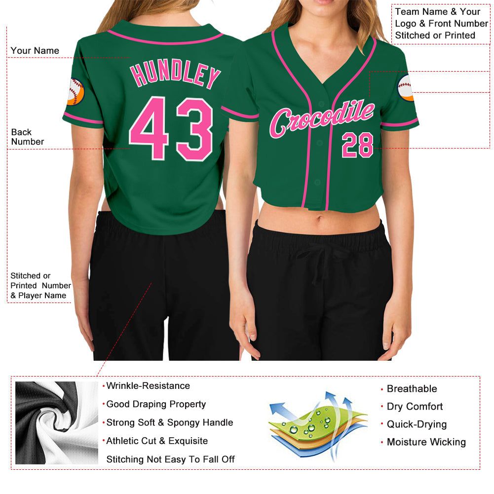 Custom Women's Kelly Green Pink-White V-Neck Cropped Baseball Jersey view 3