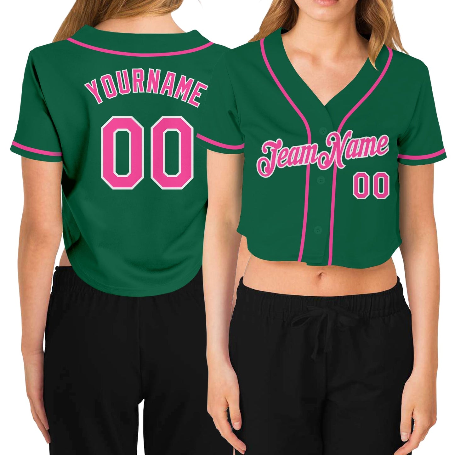 Custom Women's Kelly Green Pink-White V-Neck Cropped Baseball Jersey - Main View