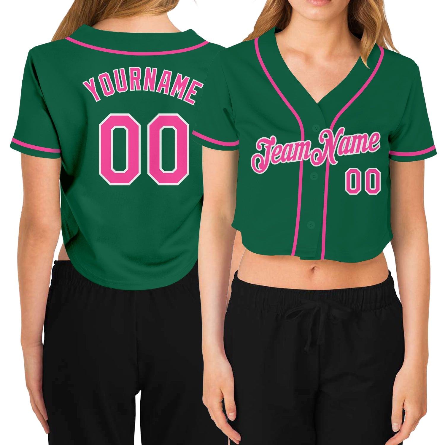 Custom Women's Kelly Green Pink-White V-Neck Cropped Baseball Jersey - Main View