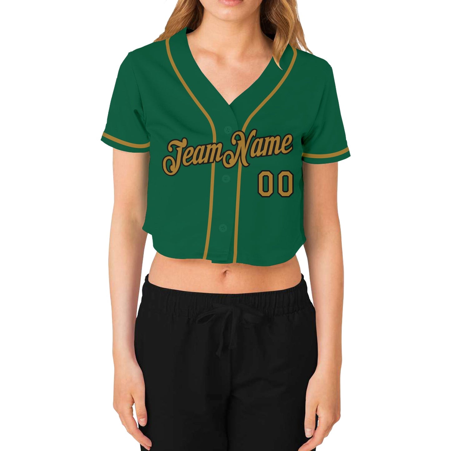 Custom Women's Kelly Green Old Gold-Black V-Neck Cropped Baseball Jersey view 2