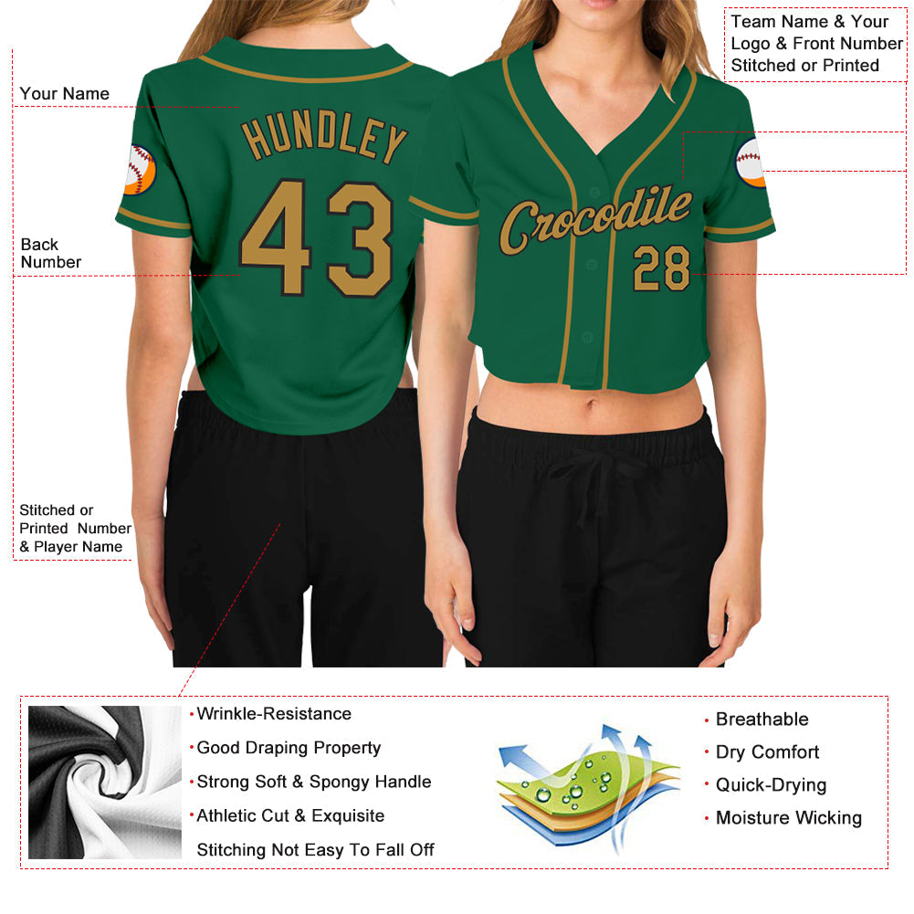 Custom Women's Kelly Green Old Gold-Black V-Neck Cropped Baseball Jersey view 3