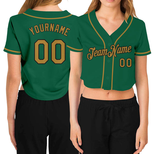 Custom Women's Kelly Green Old Gold-Black V-Neck Cropped Baseball Jersey - Main View