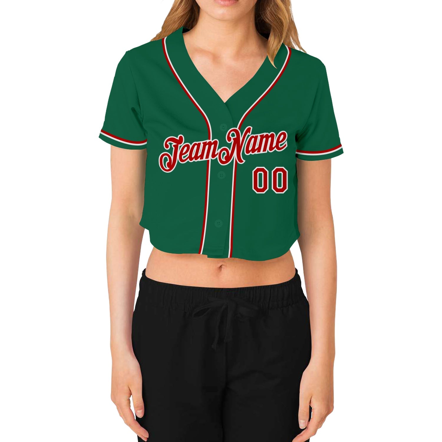 Custom Women's Kelly Green Red-White V-Neck Cropped Baseball Jersey view 2