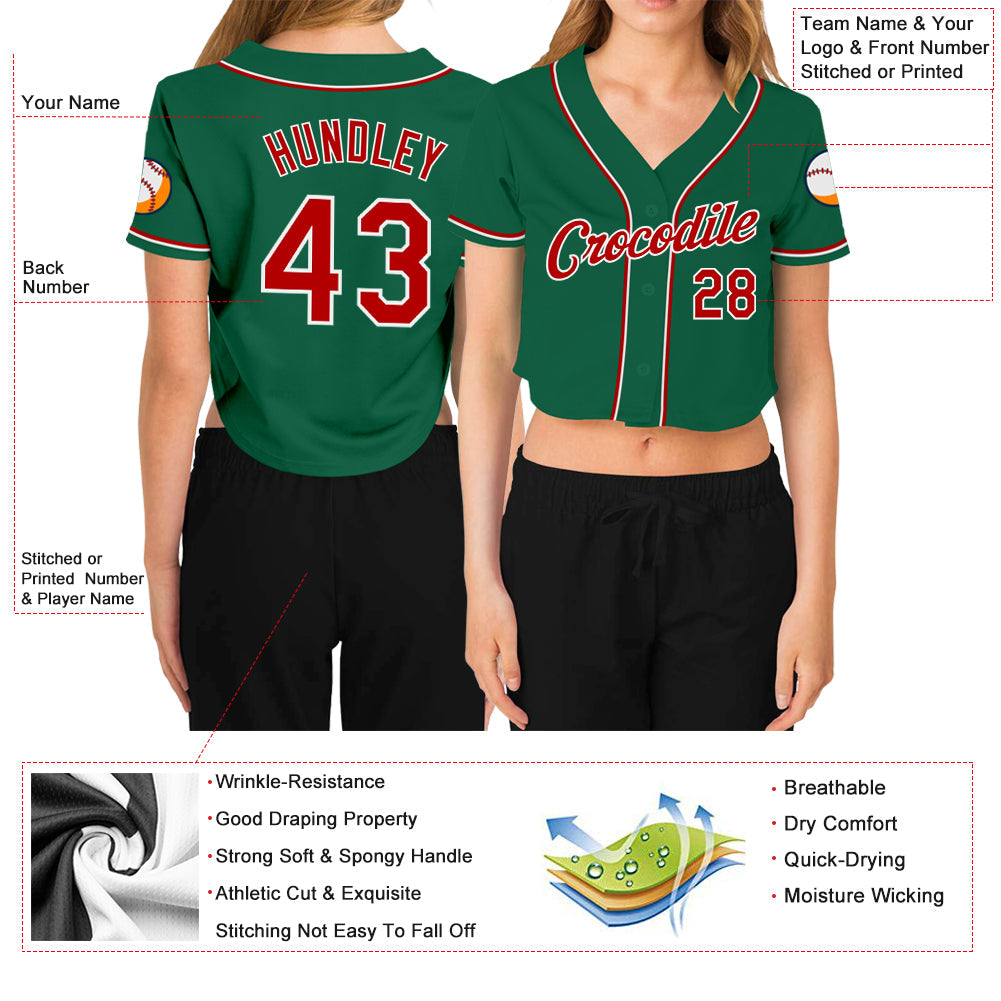 Custom Women's Kelly Green Red-White V-Neck Cropped Baseball Jersey view 3