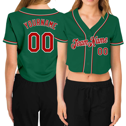 Custom Women's Kelly Green Red-White V-Neck Cropped Baseball Jersey - Main View