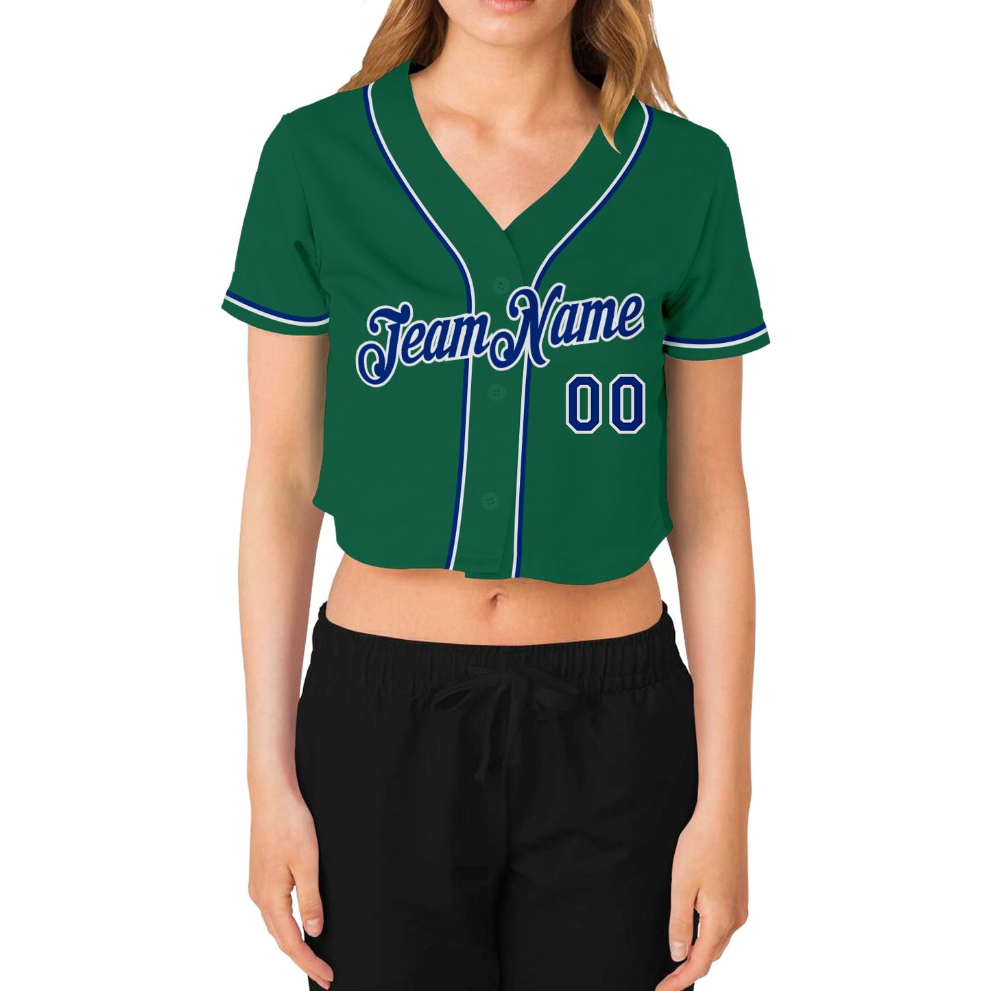 Custom Women's Kelly Green Royal-White V-Neck Cropped Baseball Jersey view 2