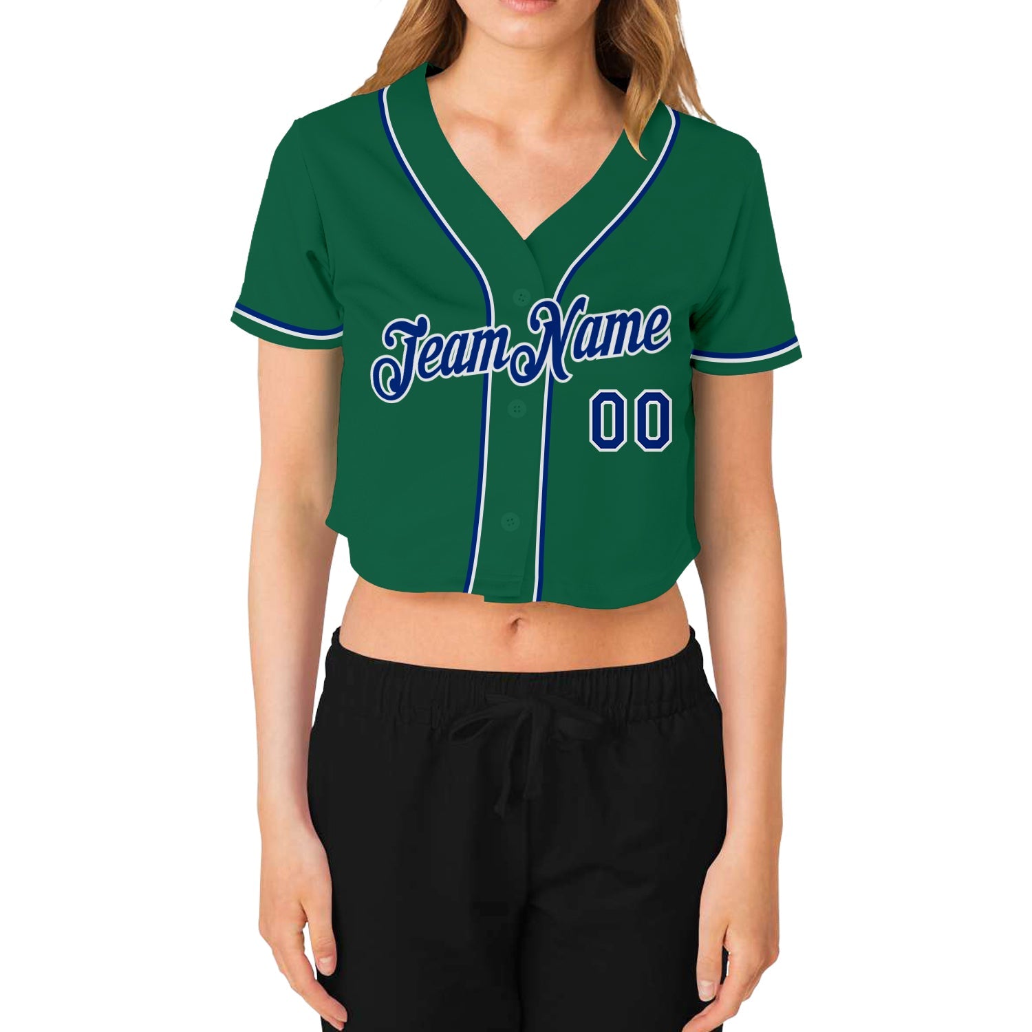 Custom Women's Kelly Green Royal-White V-Neck Cropped Baseball Jersey view 2