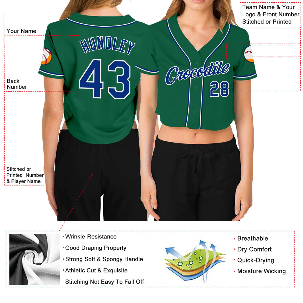 Custom Women's Kelly Green Royal-White V-Neck Cropped Baseball Jersey view 3