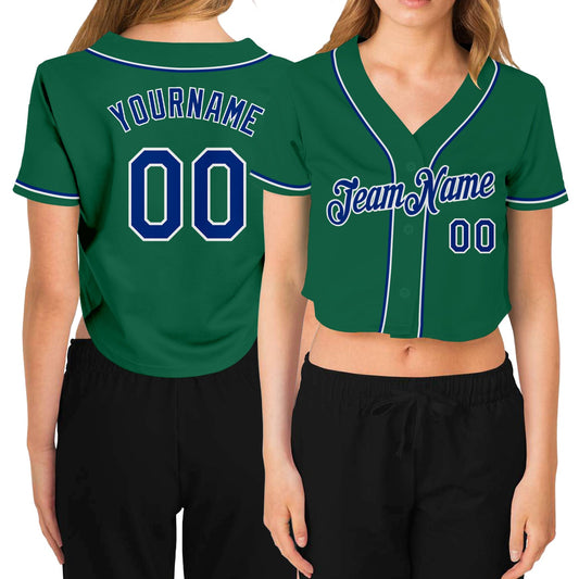 Custom Women's Kelly Green Royal-White V-Neck Cropped Baseball Jersey - Main View