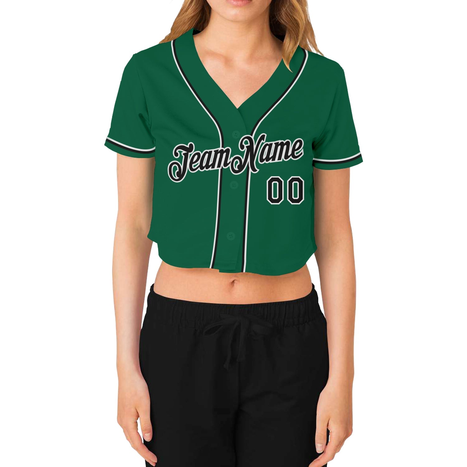 Custom Women's Kelly Green Black-White V-Neck Cropped Baseball Jersey view 2
