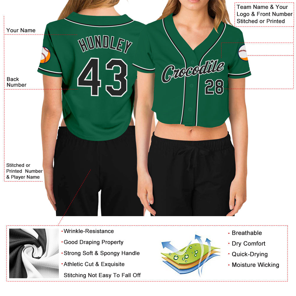 Custom Women's Kelly Green Black-White V-Neck Cropped Baseball Jersey view 3
