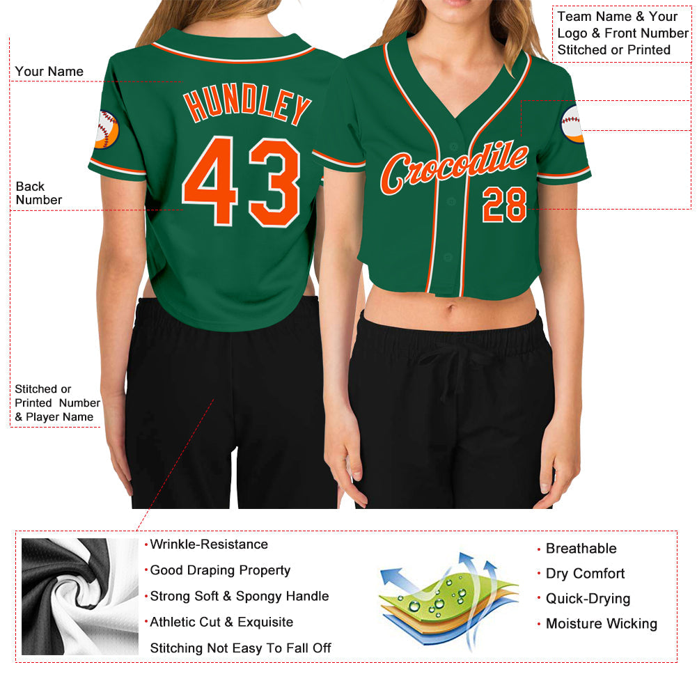 Custom Women's Kelly Green Orange-White V-Neck Cropped Baseball Jersey view 3