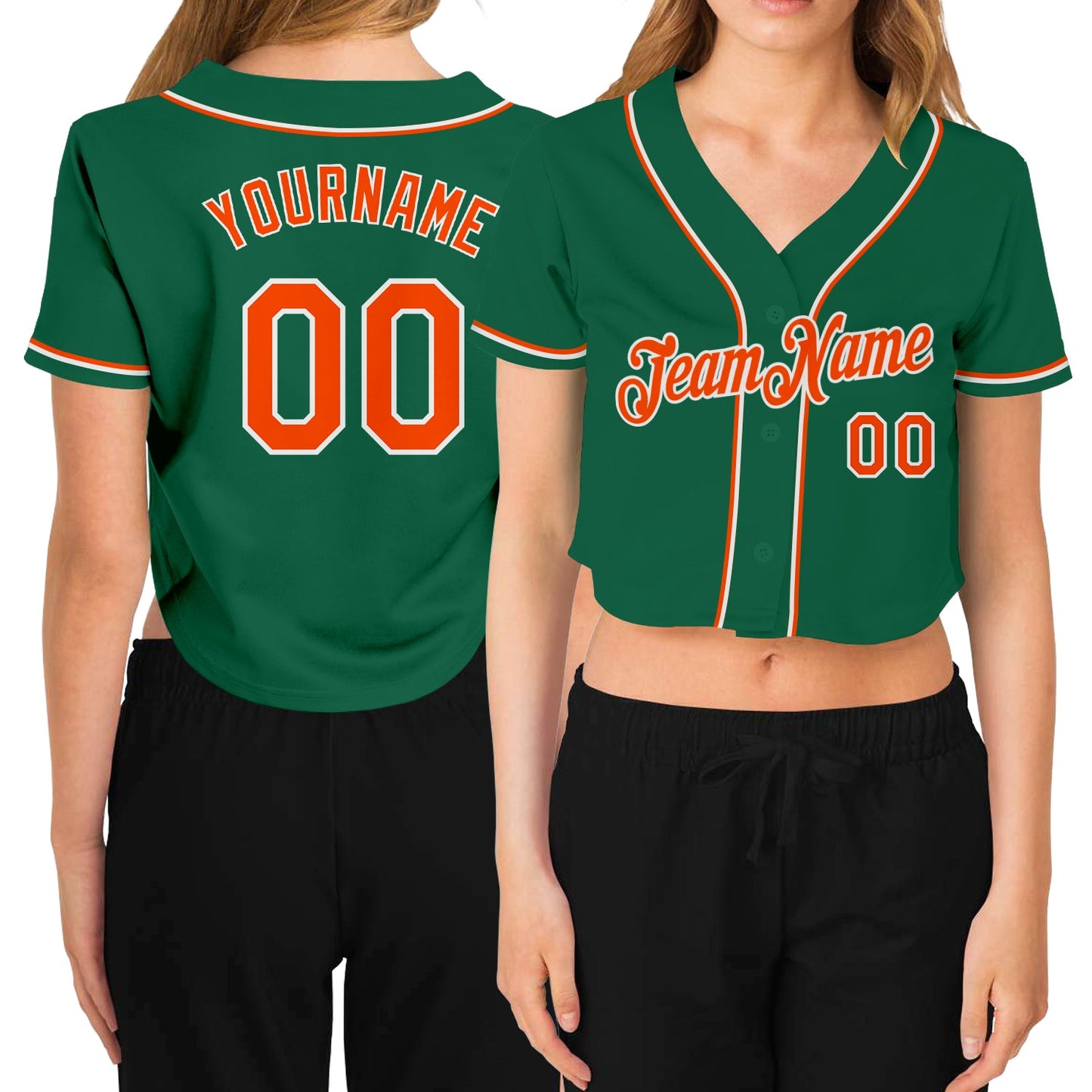 Custom Women's Kelly Green Orange-White V-Neck Cropped Baseball Jersey - Main View