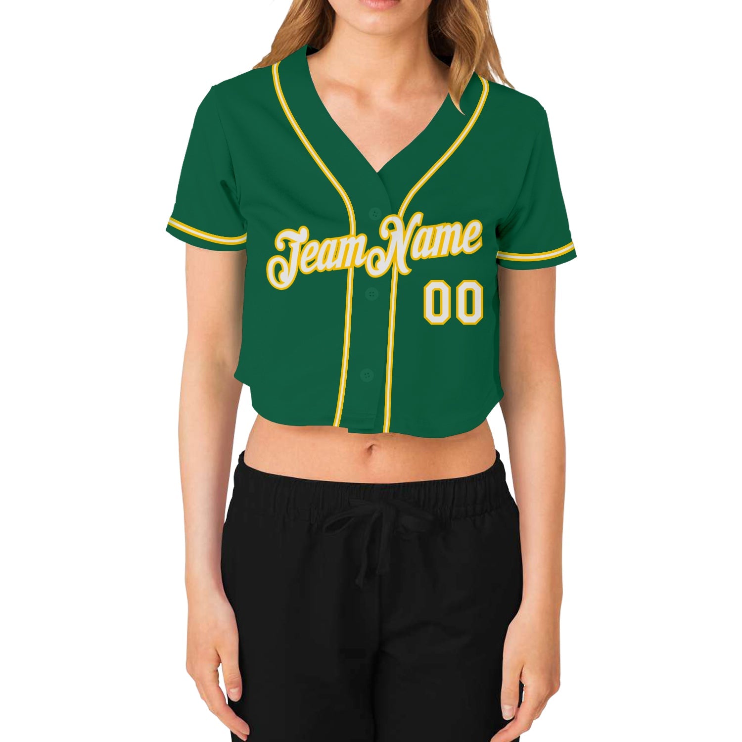 Custom Women's Kelly Green White-Gold V-Neck Cropped Baseball Jersey view 2