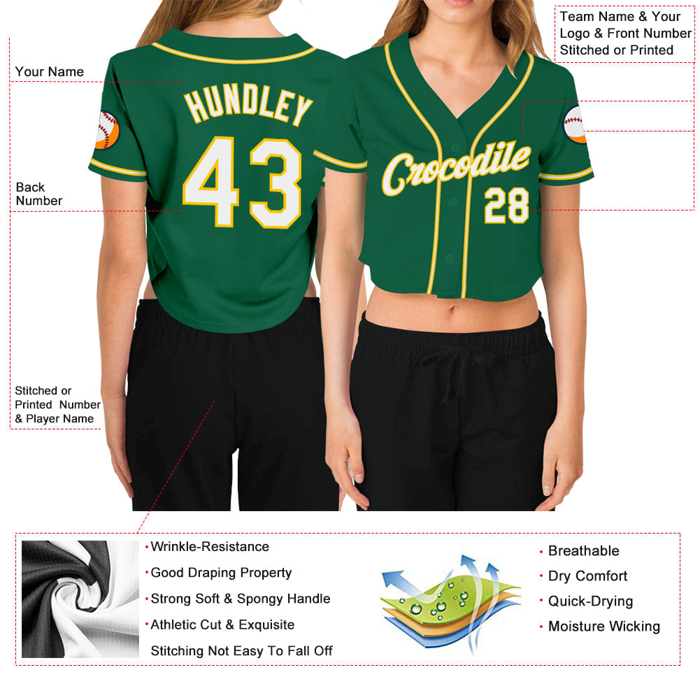 Custom Women's Kelly Green White-Gold V-Neck Cropped Baseball Jersey view 3