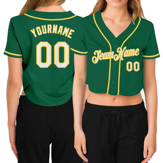 Custom Women's Kelly Green White-Gold V-Neck Cropped Baseball Jersey - Main View