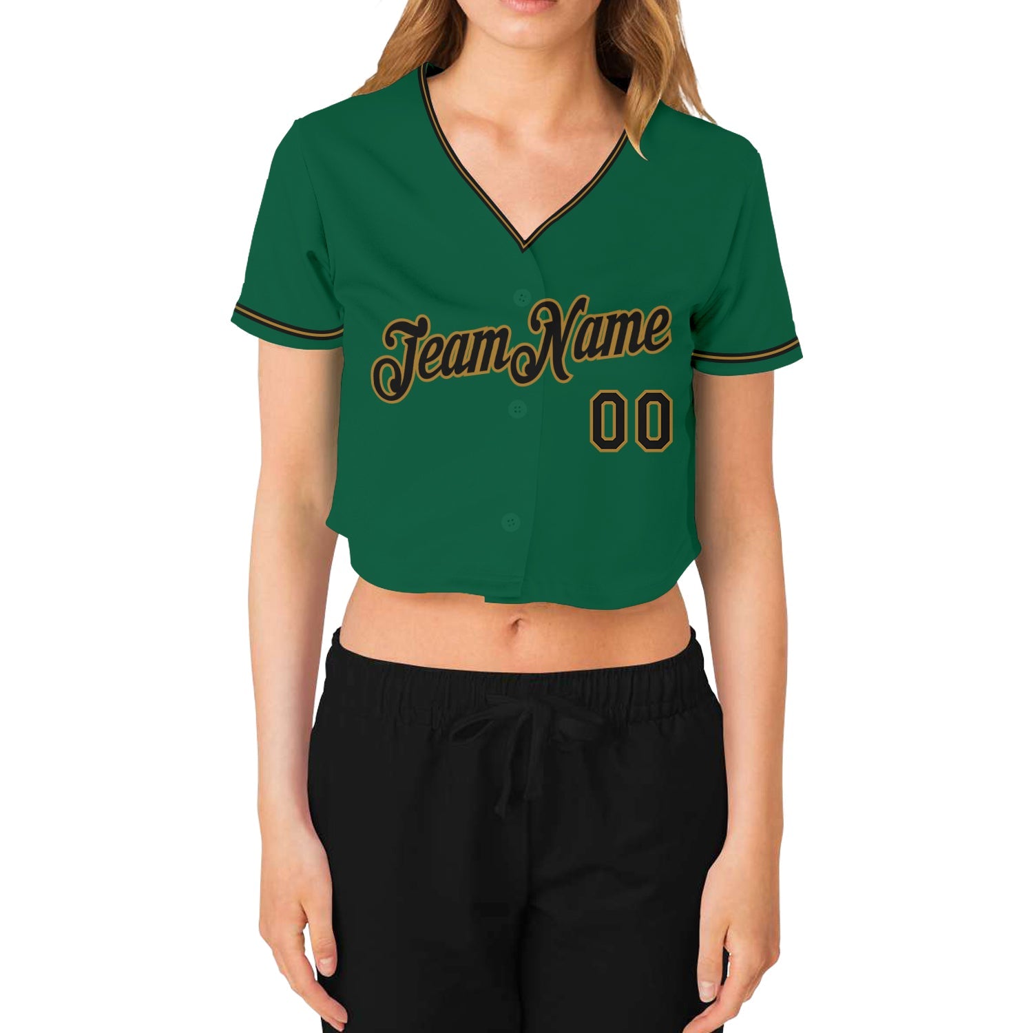 Custom Women's Kelly Green Black-Old Gold V-Neck Cropped Baseball Jersey view 2