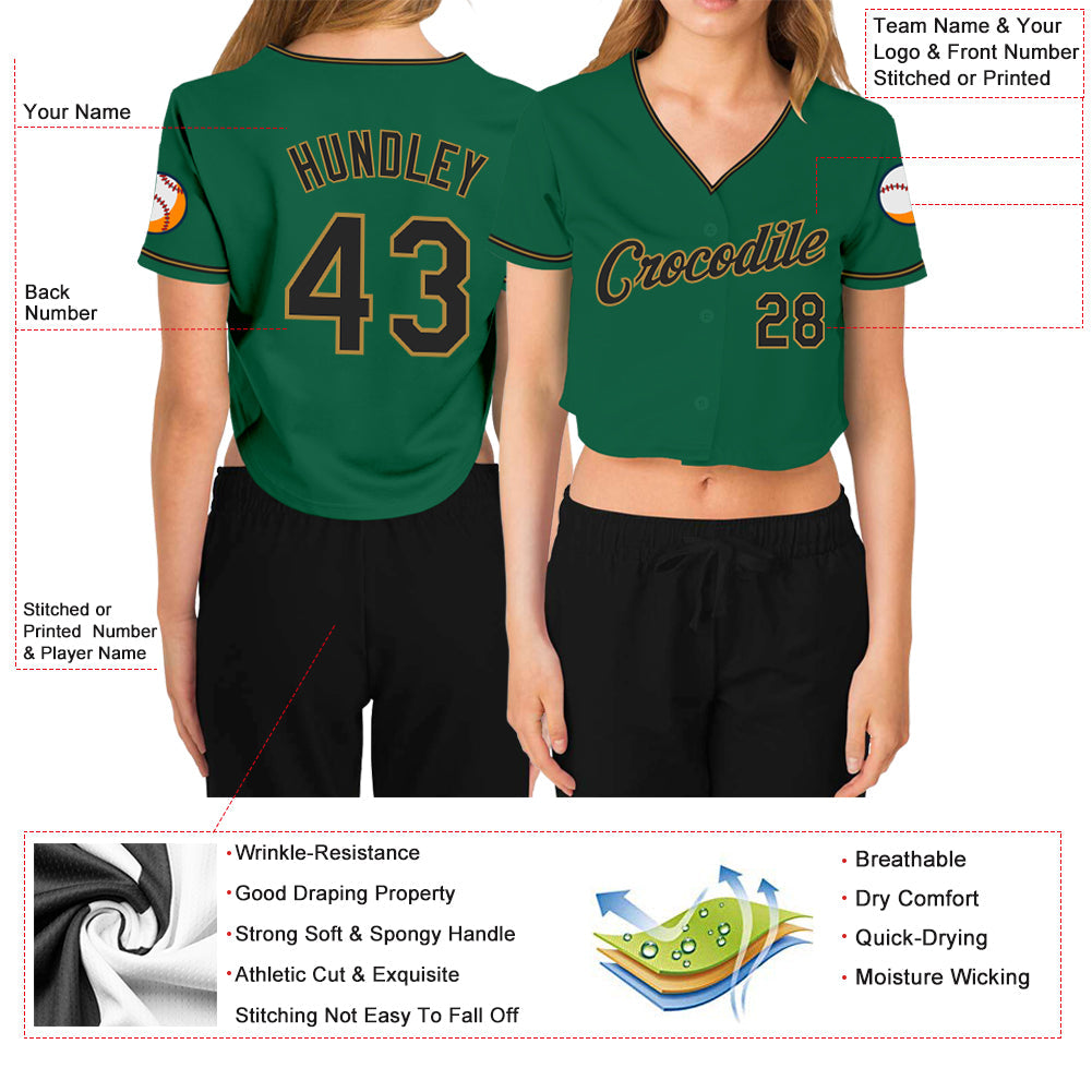 Custom Women's Kelly Green Black-Old Gold V-Neck Cropped Baseball Jersey view 3