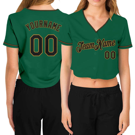 Custom Women's Kelly Green Black-Old Gold V-Neck Cropped Baseball Jersey - Main View