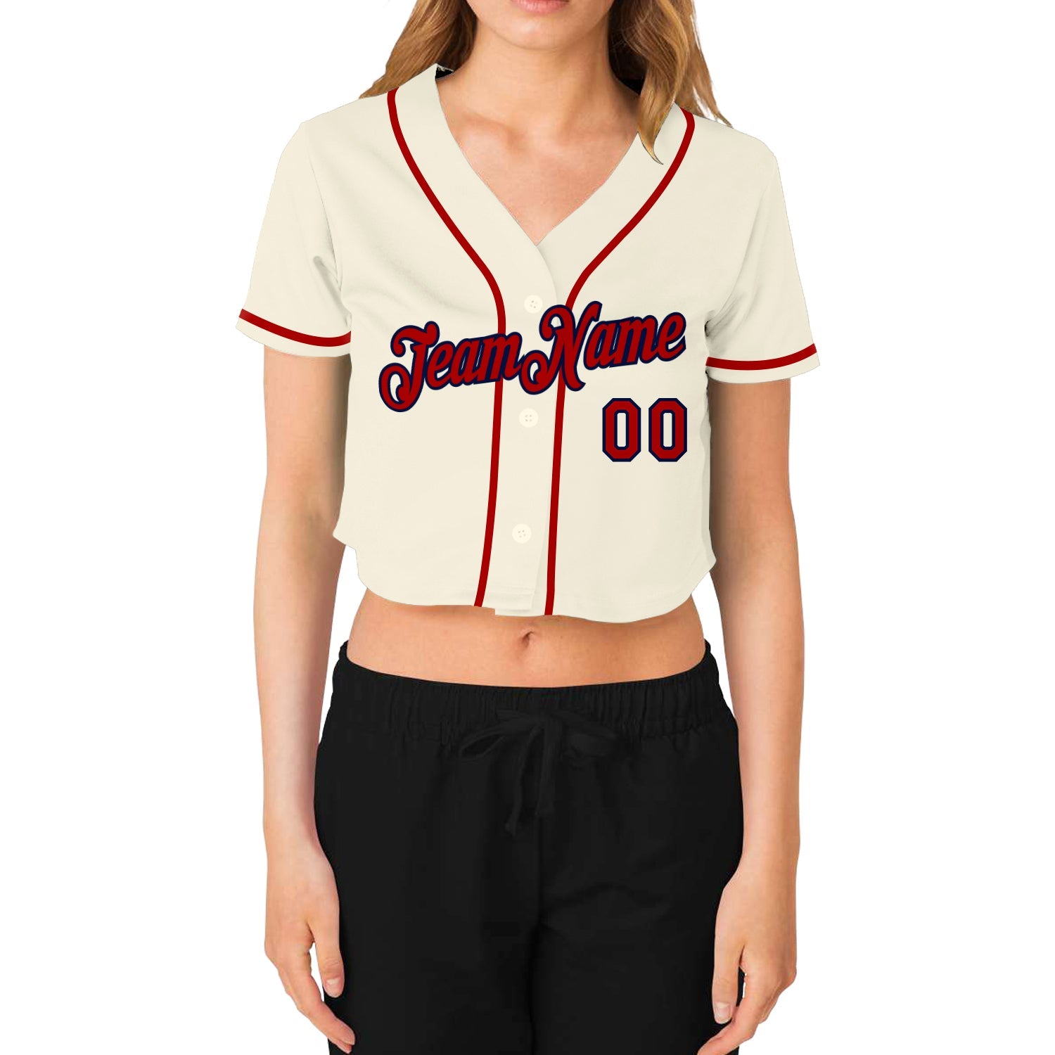 Custom Women's Cream Red-Navy V-Neck Cropped Baseball Jersey view 2