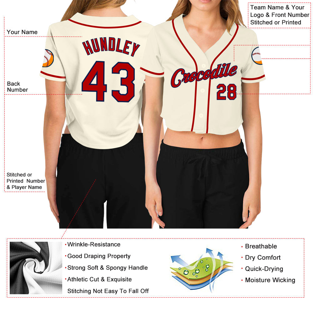 Custom Women's Cream Red-Navy V-Neck Cropped Baseball Jersey view 3