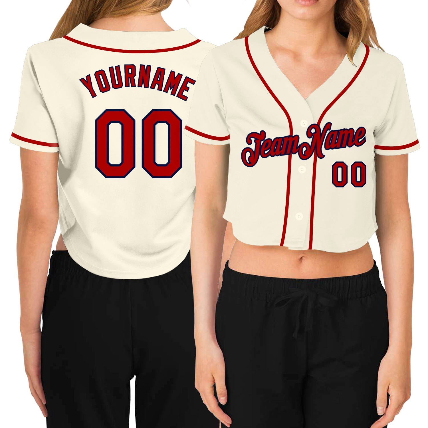 Custom Women's Cream Red-Navy V-Neck Cropped Baseball Jersey - Main View