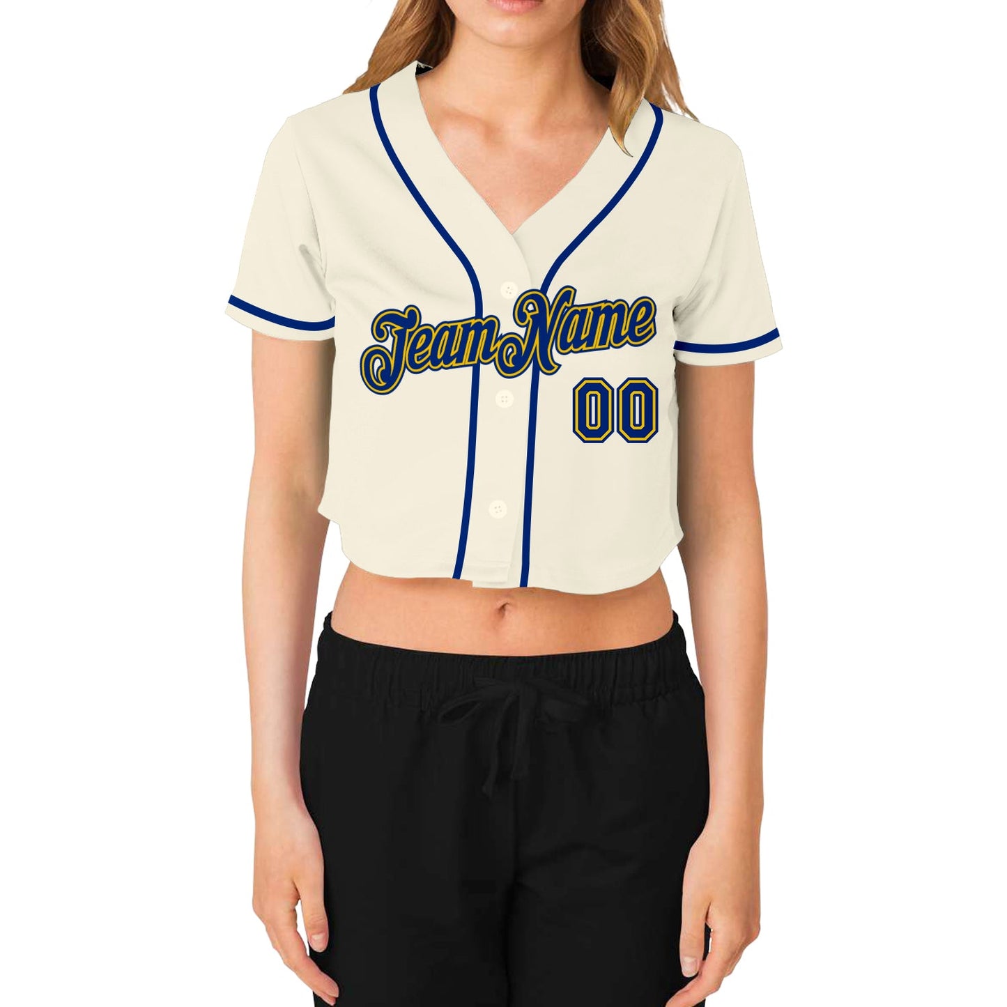 Custom Women's Cream Royal-Gold V-Neck Cropped Baseball Jersey view 2
