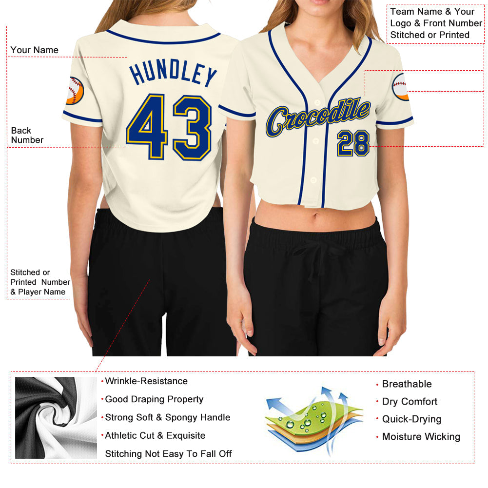 Custom Women's Cream Royal-Gold V-Neck Cropped Baseball Jersey view 3