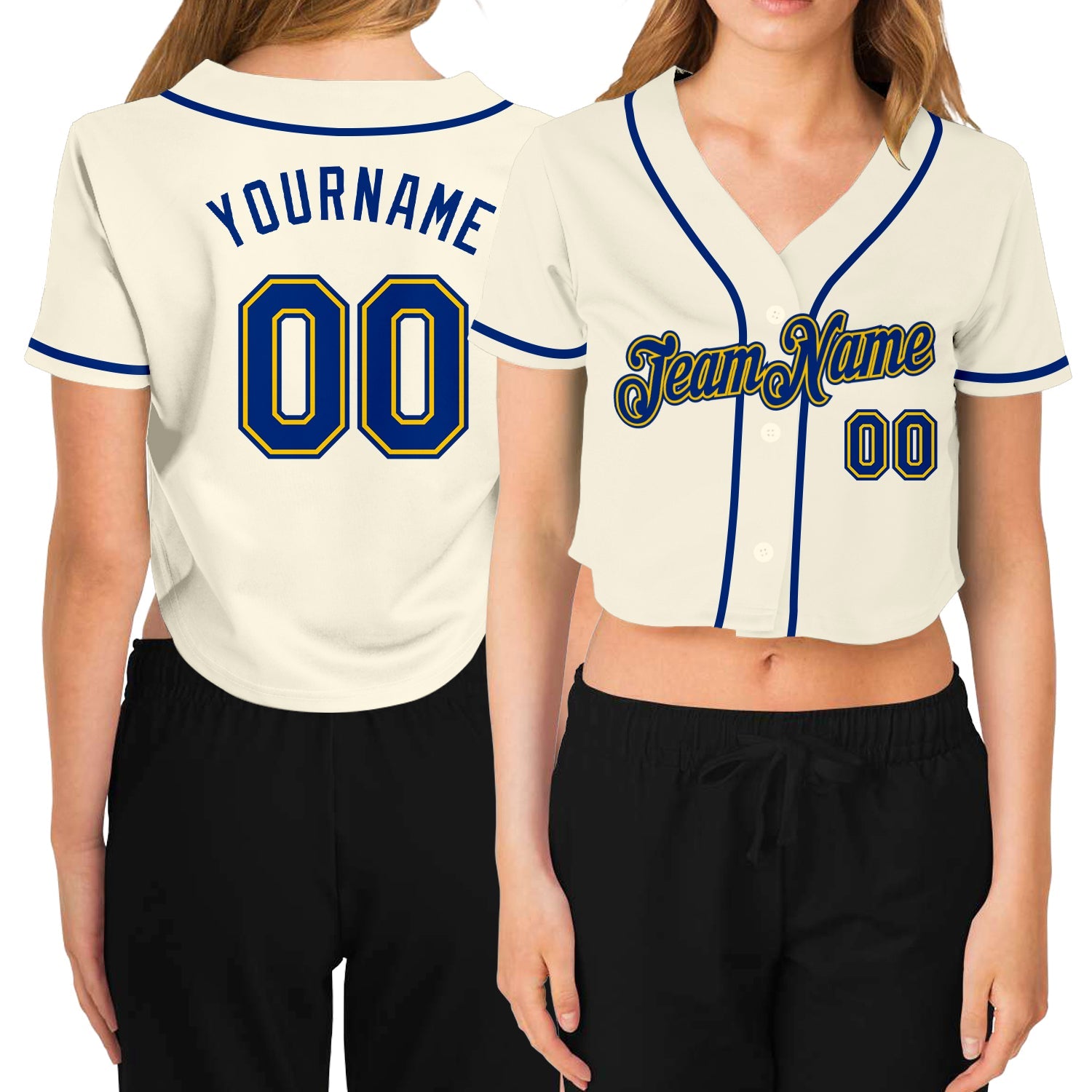 Custom Women's Cream Royal-Gold V-Neck Cropped Baseball Jersey - Main View