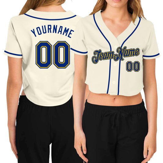Custom Women's Cream Royal-Gold V-Neck Cropped Baseball Jersey - Main View