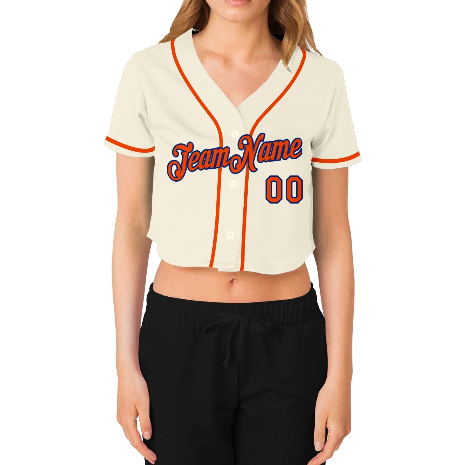 Custom Women's Cream Orange-Royal V-Neck Cropped Baseball Jersey view 2