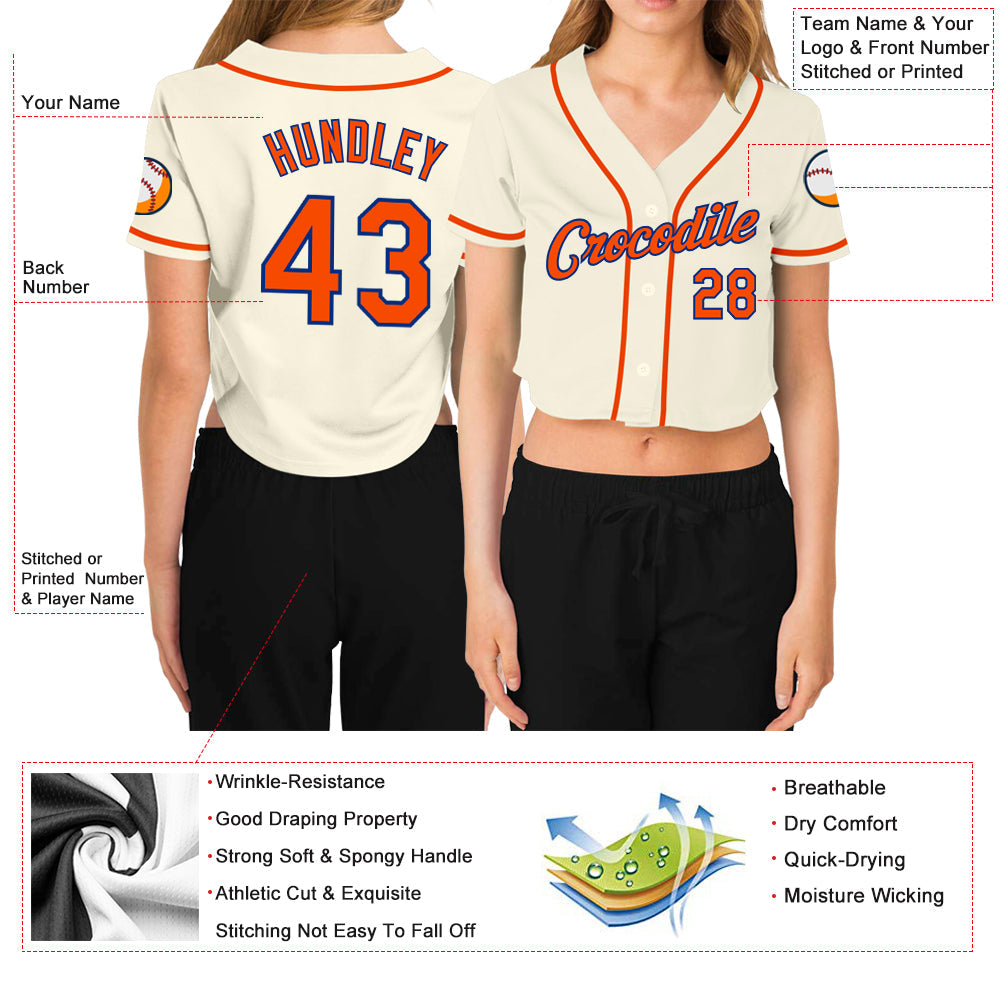 Custom Women's Cream Orange-Royal V-Neck Cropped Baseball Jersey view 3