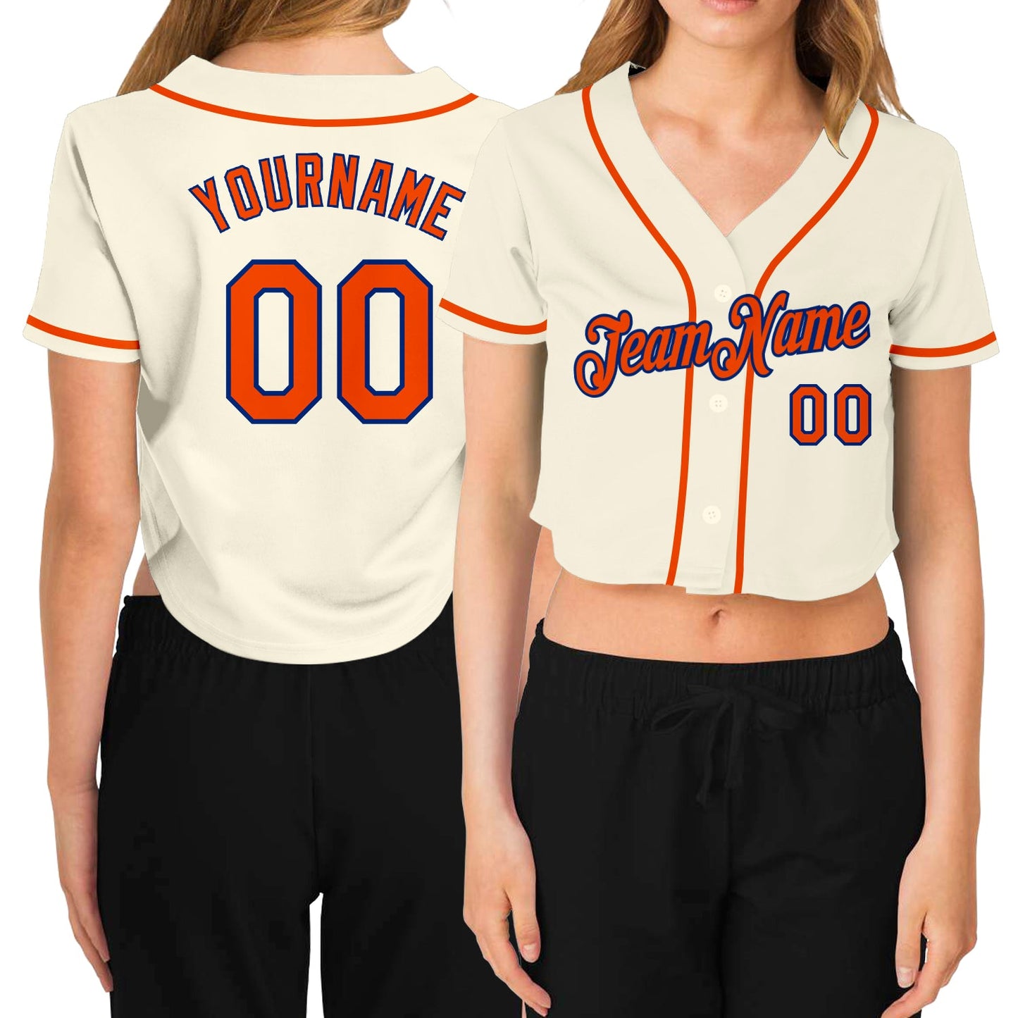 Custom Women's Cream Orange-Royal V-Neck Cropped Baseball Jersey - Main View