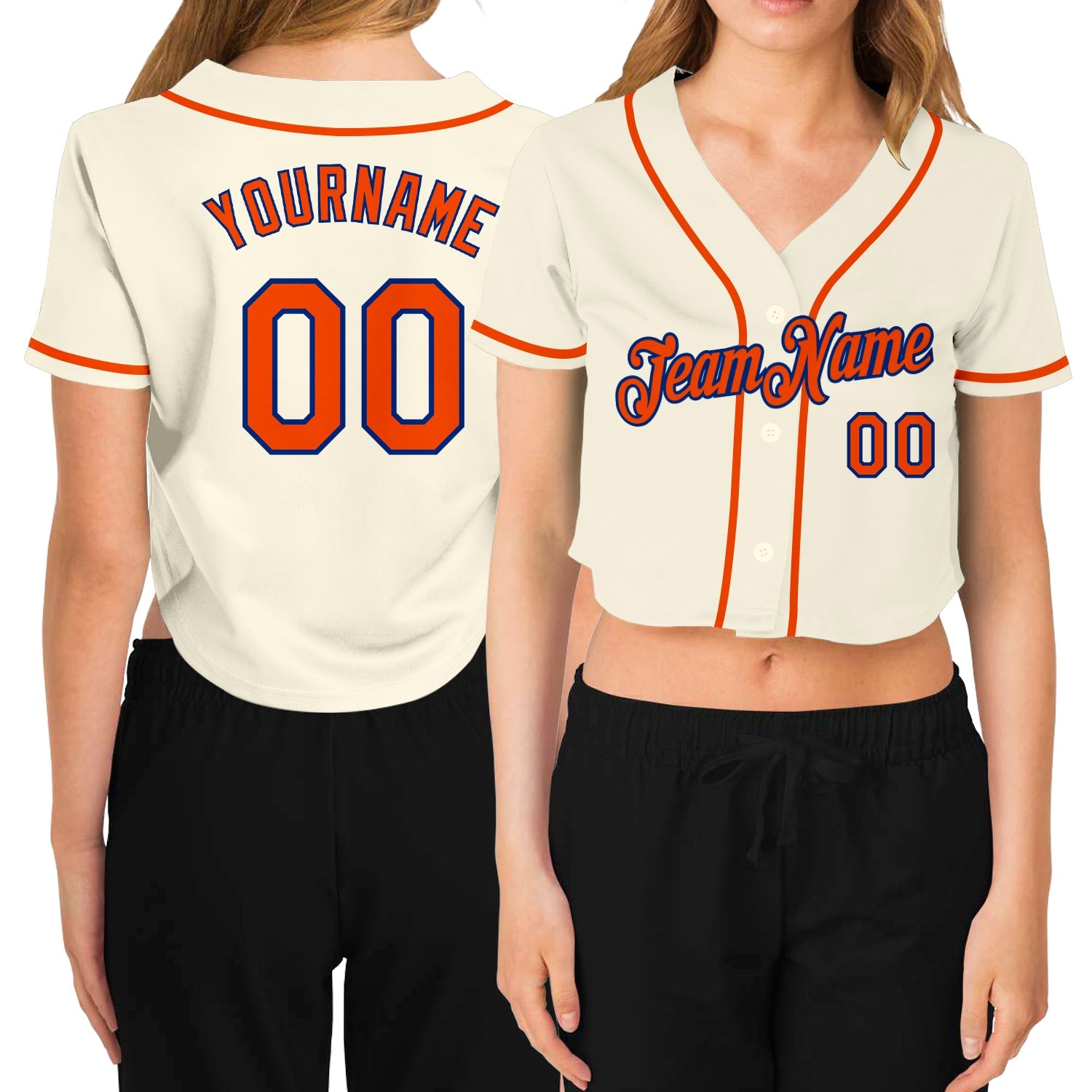 Custom Women's Cream Orange-Royal V-Neck Cropped Baseball Jersey - Main View